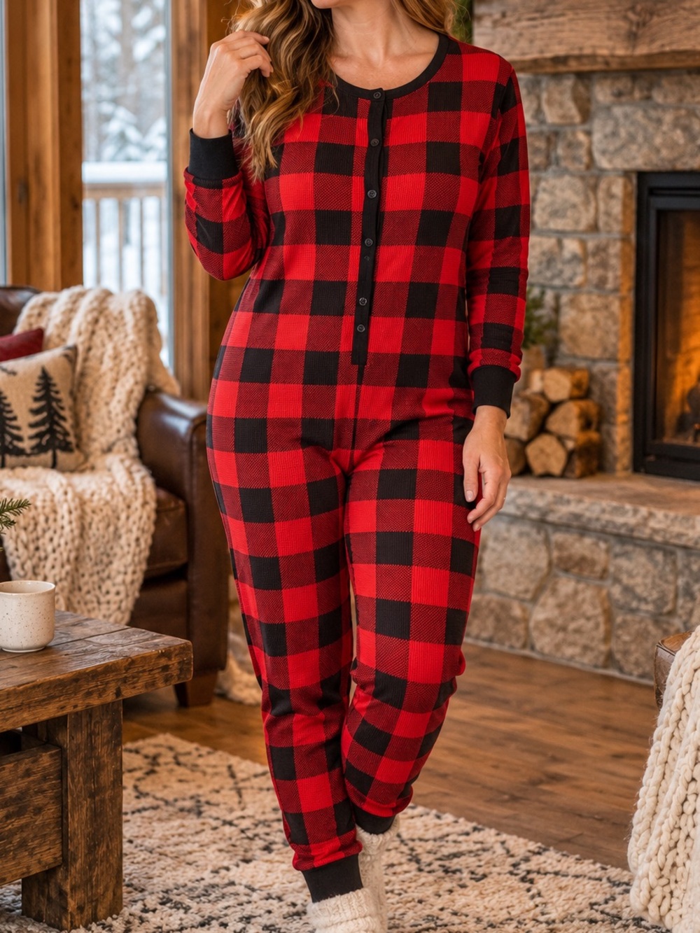 Old Navy Women’s Waffle-Knit Buffalo Plaid One-Piece Pajamas Size XL Christmas